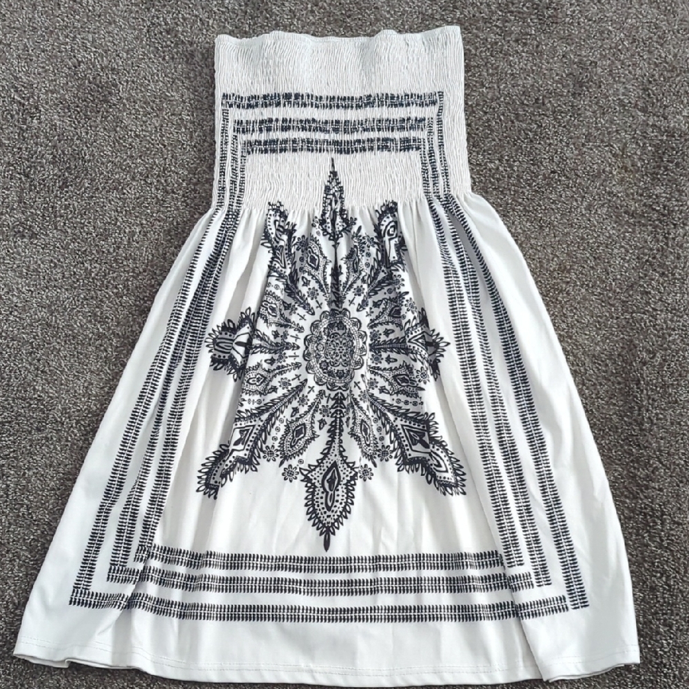 White Strapless Dress with Black Pattern